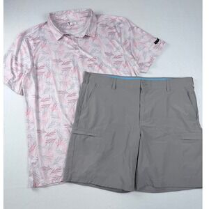 Yatta Golf Polo‎ Shirt 2XL Birdie Bound Shorts 40 Mens Pink Grey Floral Golf Set